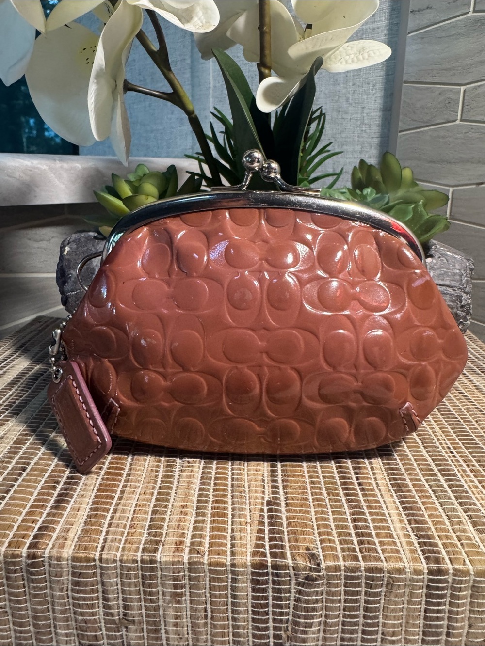 Coach Patent Leather Kiss-Lock Wristlet in Chestnut Brown